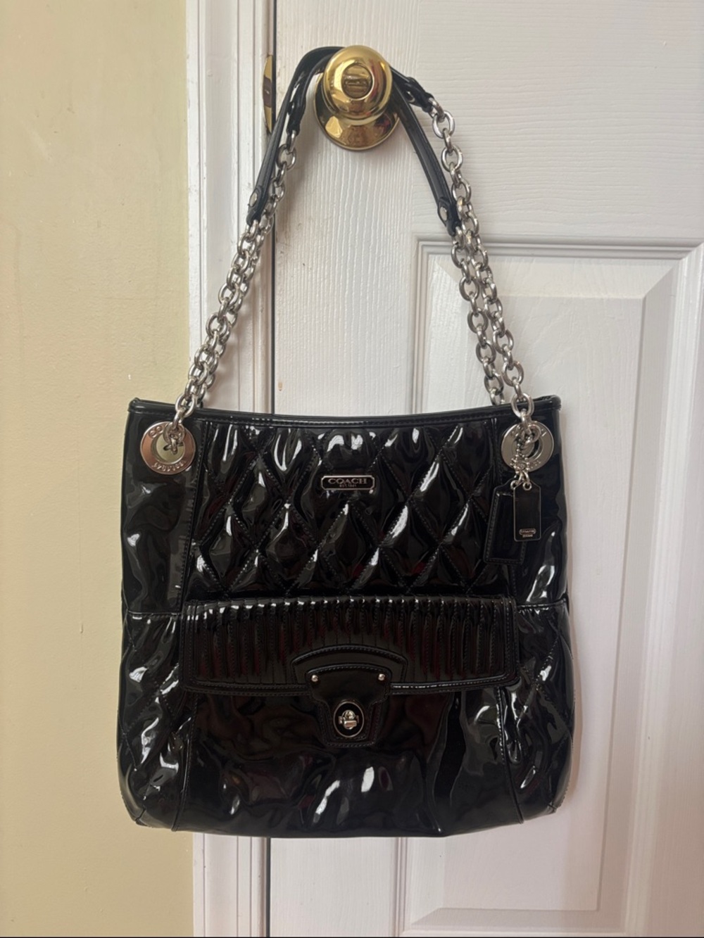 Black Coach Poppy Liquid Gloss Quilted Patent Leather Shoulder Bag